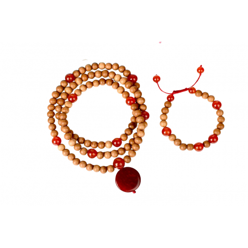 White Sandalwood and Red Carnelian Mala and Bracelet Set